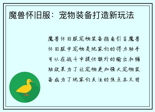 魔兽怀旧服：宠物装备打造新玩法