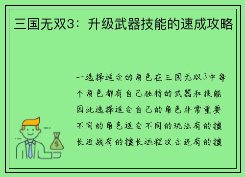 三国无双3：升级武器技能的速成攻略