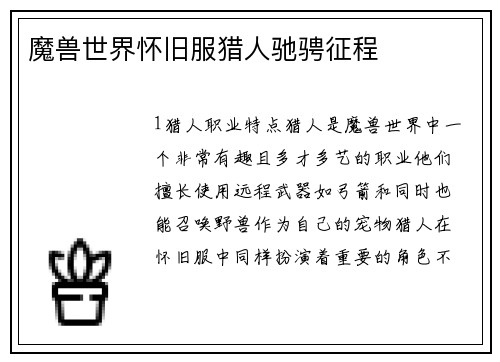 魔兽世界怀旧服猎人驰骋征程